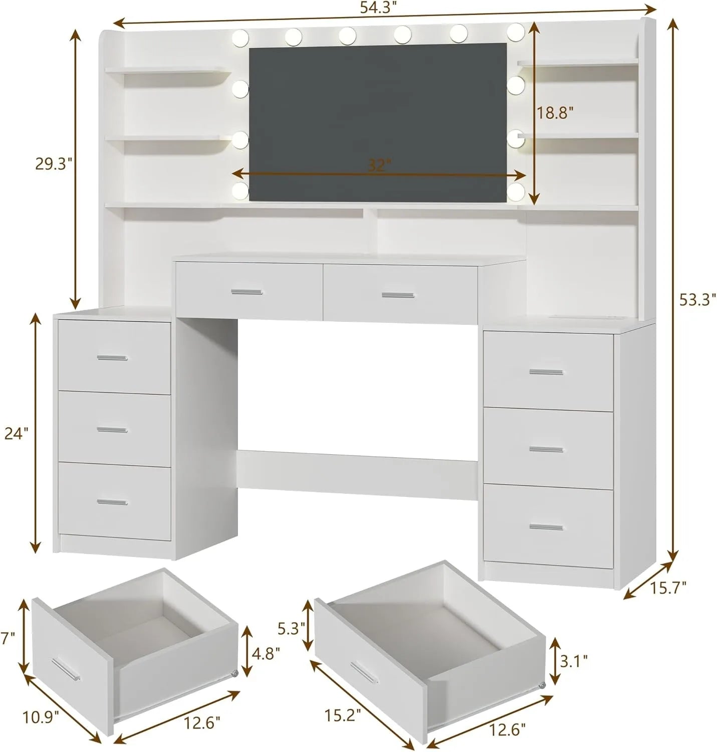 Vanity Desk With Mirror 8 Drawers 6 Shelves For Bedroom