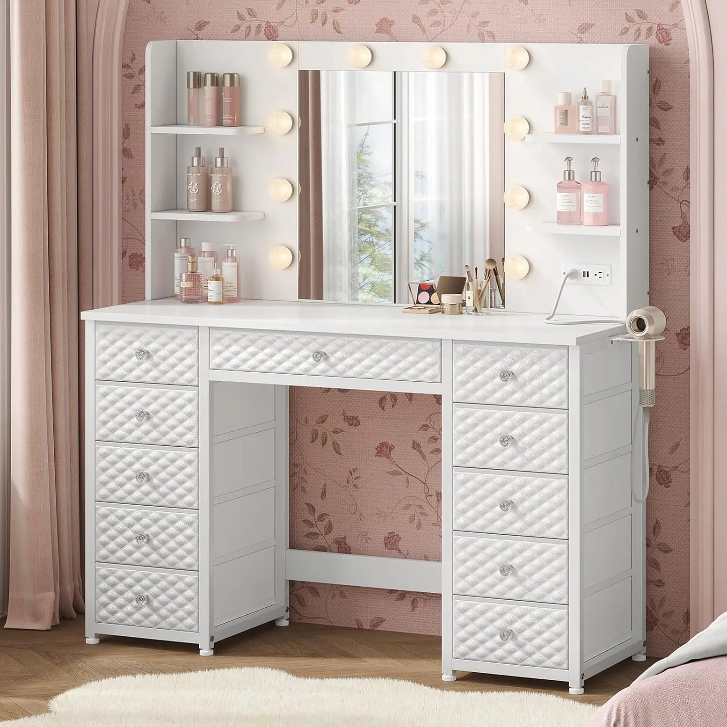 Lighted Vanity Desk With 11-Drawer Storage And 6 Shelves
