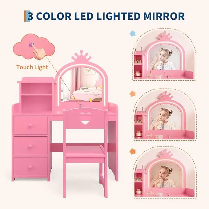 HiMISS Kids Princess Makeup Vanity Desk And Chair Set