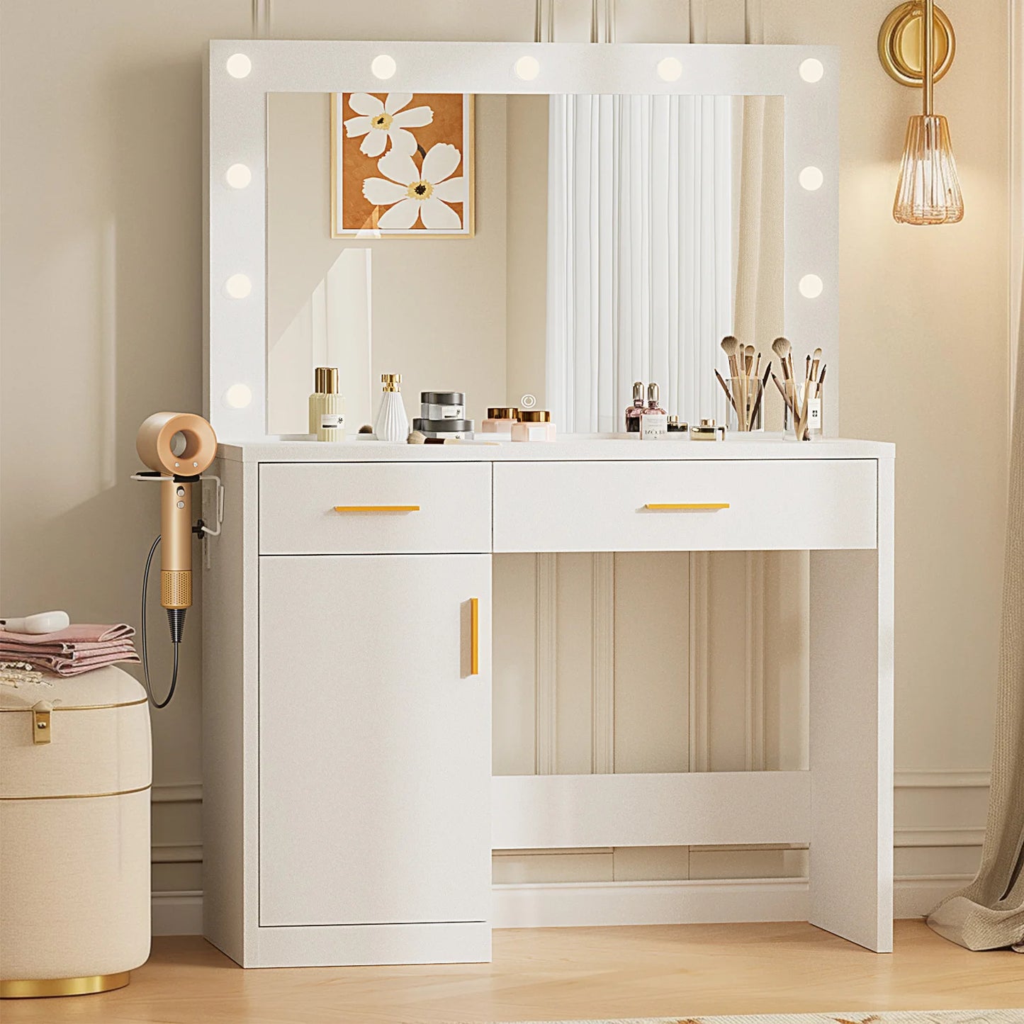 JHK Vanity Desk With Mirror And LED Strip Lighting