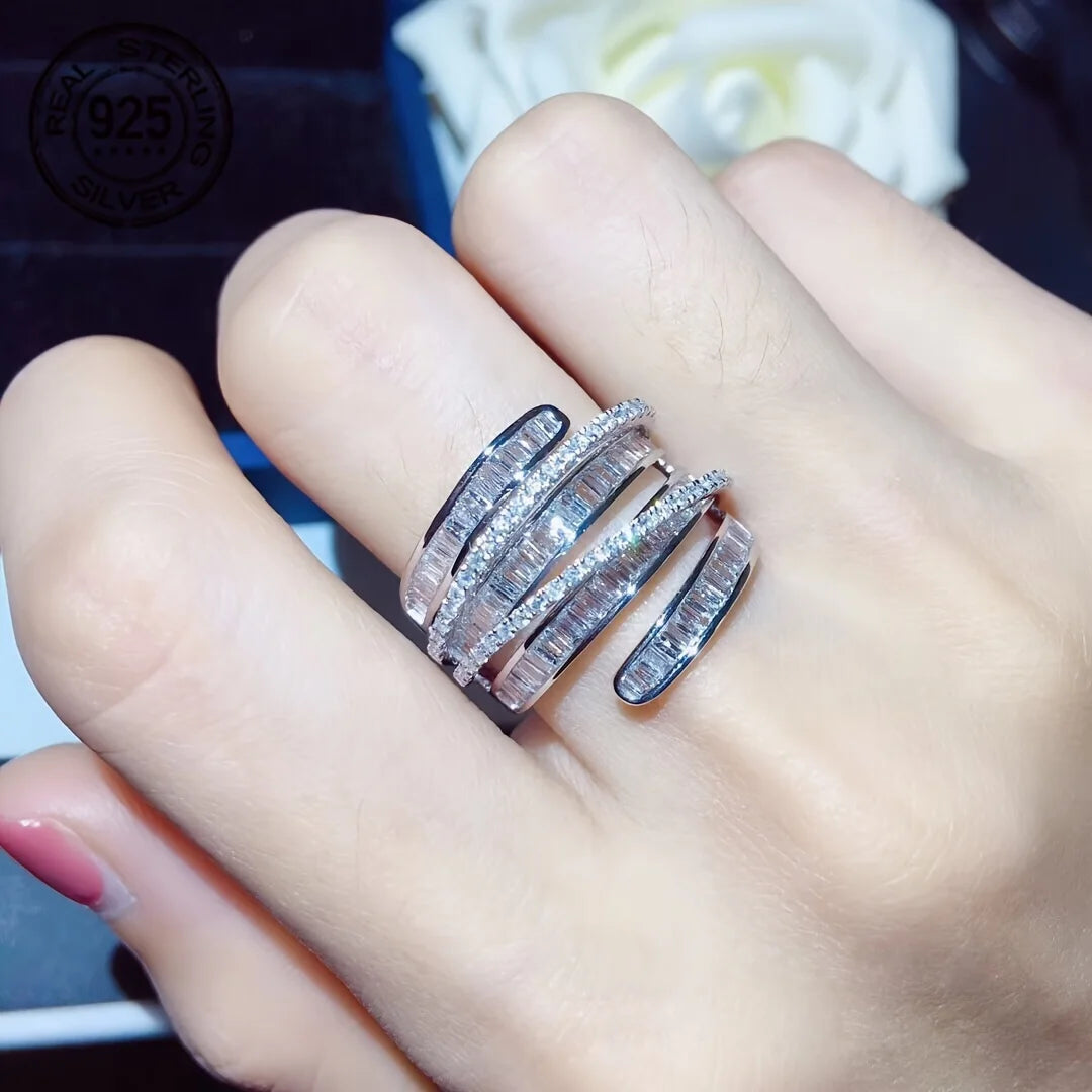 WPOOCC 925 Silver Geometric Twisted Cubic Zirconia Cocktail Ring