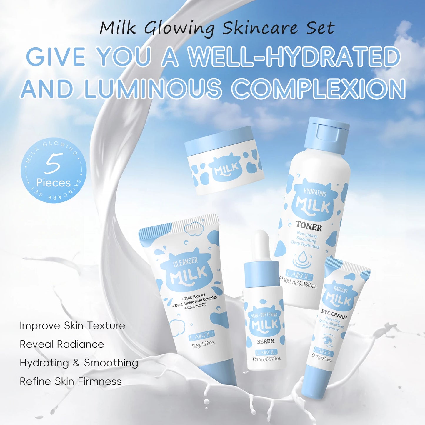 LAIKOU Milk Glowing Skincare Set Hydrating Brightening Anti Aging