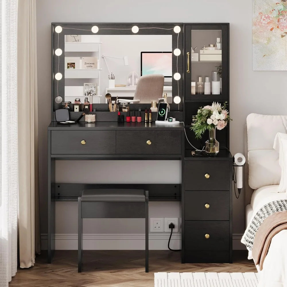 Makeup Vanity With Lights And Charging Station With Drawers