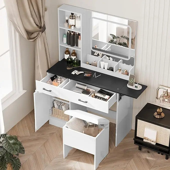 Chengwei Large Farmhouse Makeup Vanity Desk With Mirror And Lights