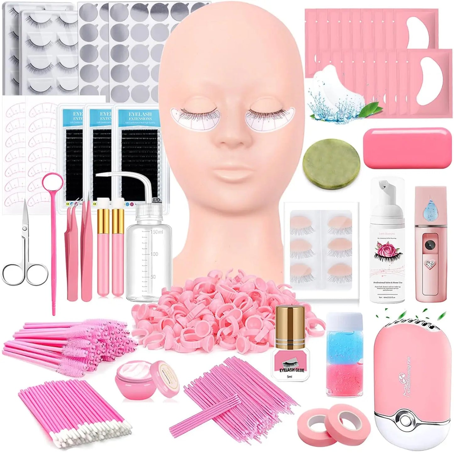 Beginner Lash Extension Kit with Mannequin Head, USB Fan, Sprayer, False Lashes & Supplies