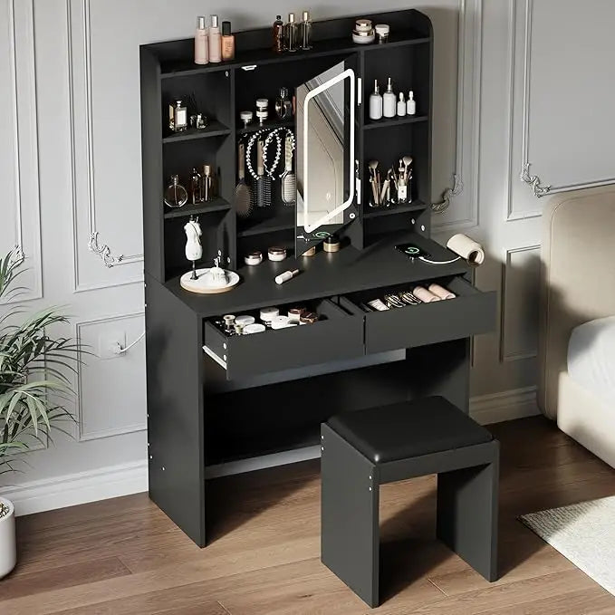 HiMISS Vanity Desk With Mirror And Lights Padded Stool