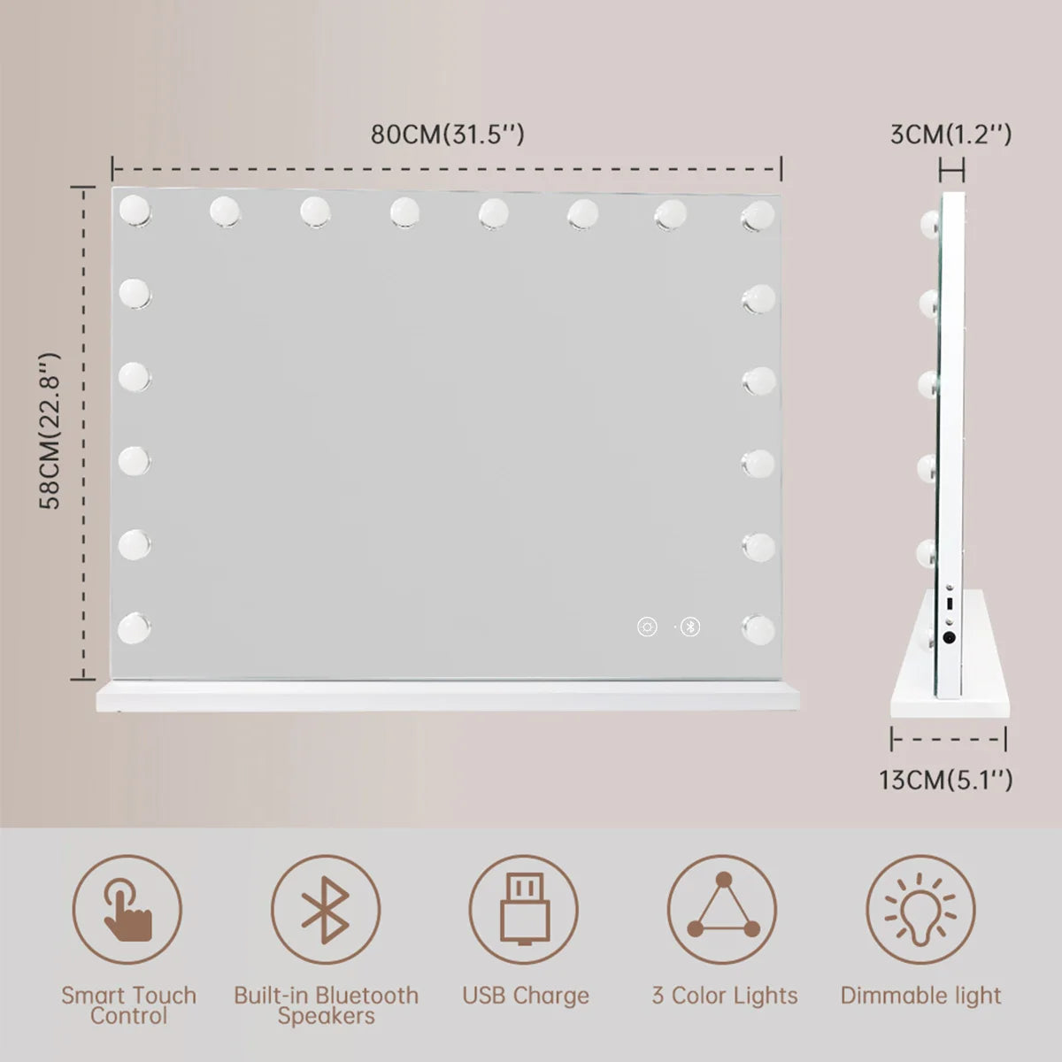 Large Vanity Mirror With Lights And Bluetooth Speakers Dimmable LED Lights With 10 Times Magnification USB Port