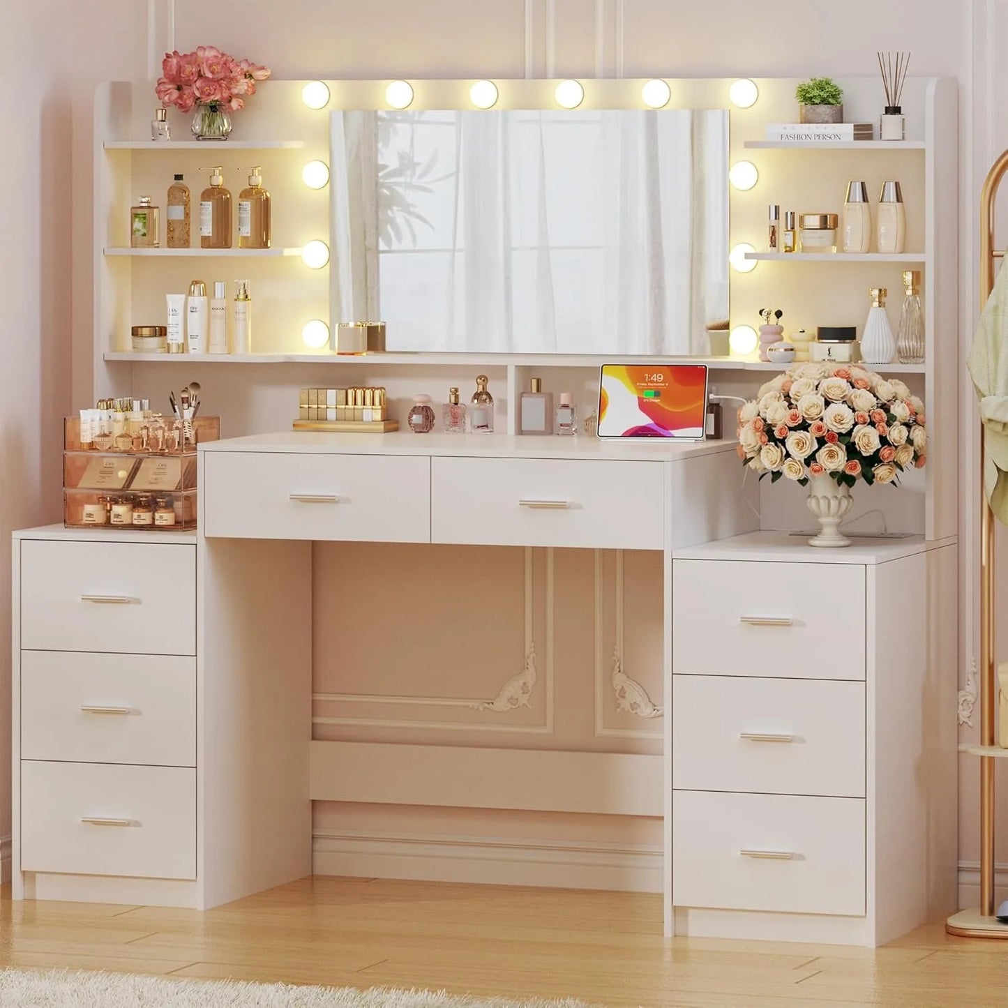Vanity Desk With Mirror 8 Drawers 6 Shelves For Bedroom