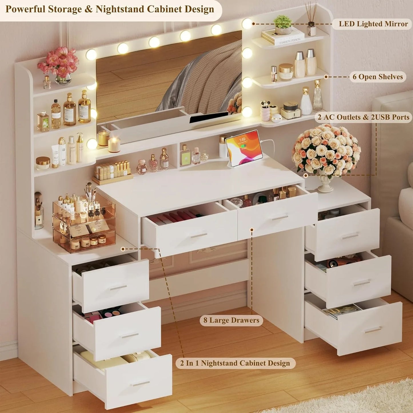 Vanity Desk With Mirror 8 Drawers 6 Shelves For Bedroom