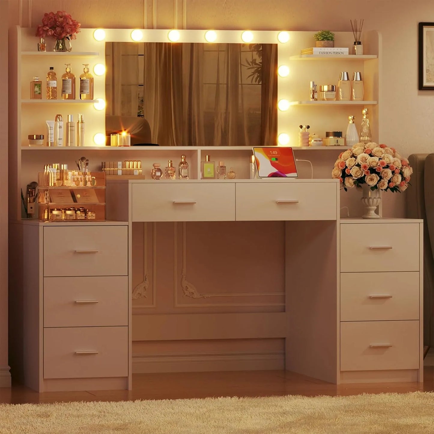 Vanity Desk With Mirror 8 Drawers 6 Shelves For Bedroom