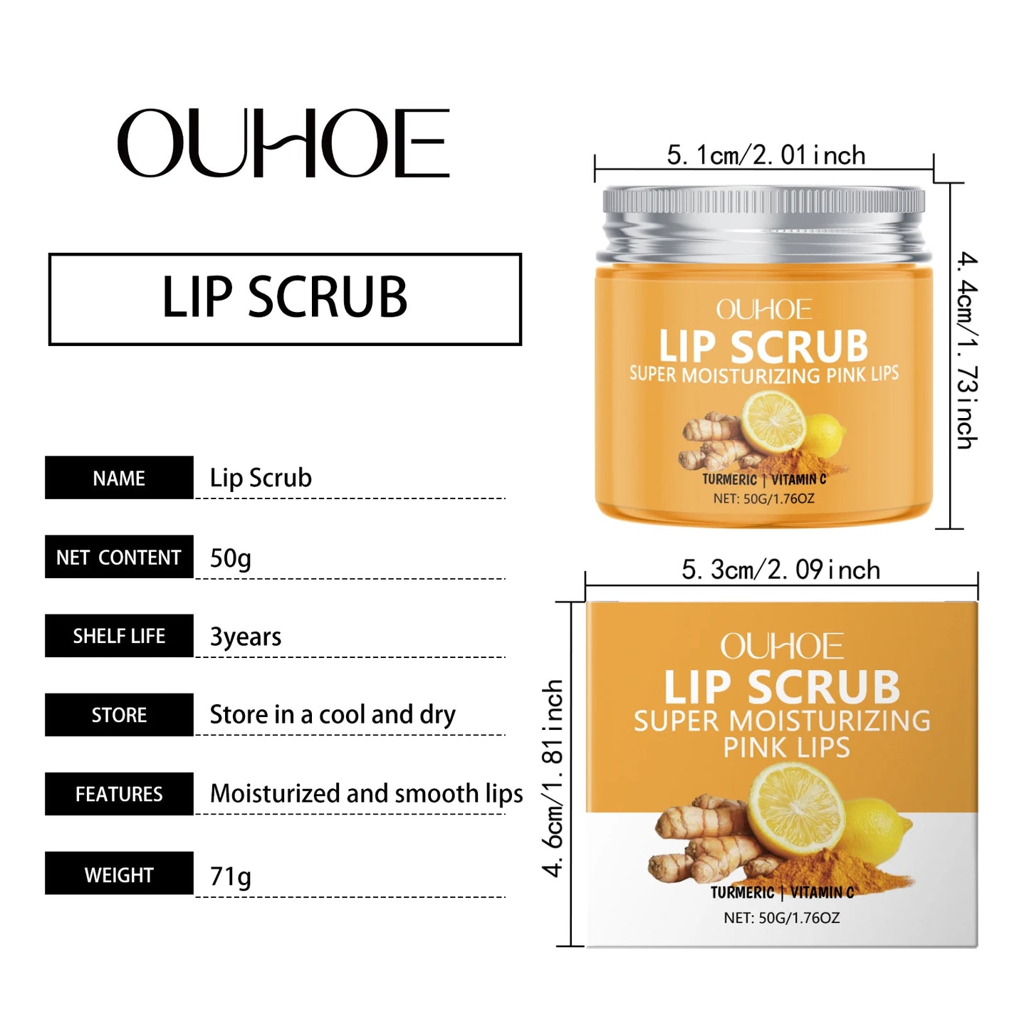 Ouhoe Turmeric Lip Scrub Moisturizing Exfoliating Nourishing