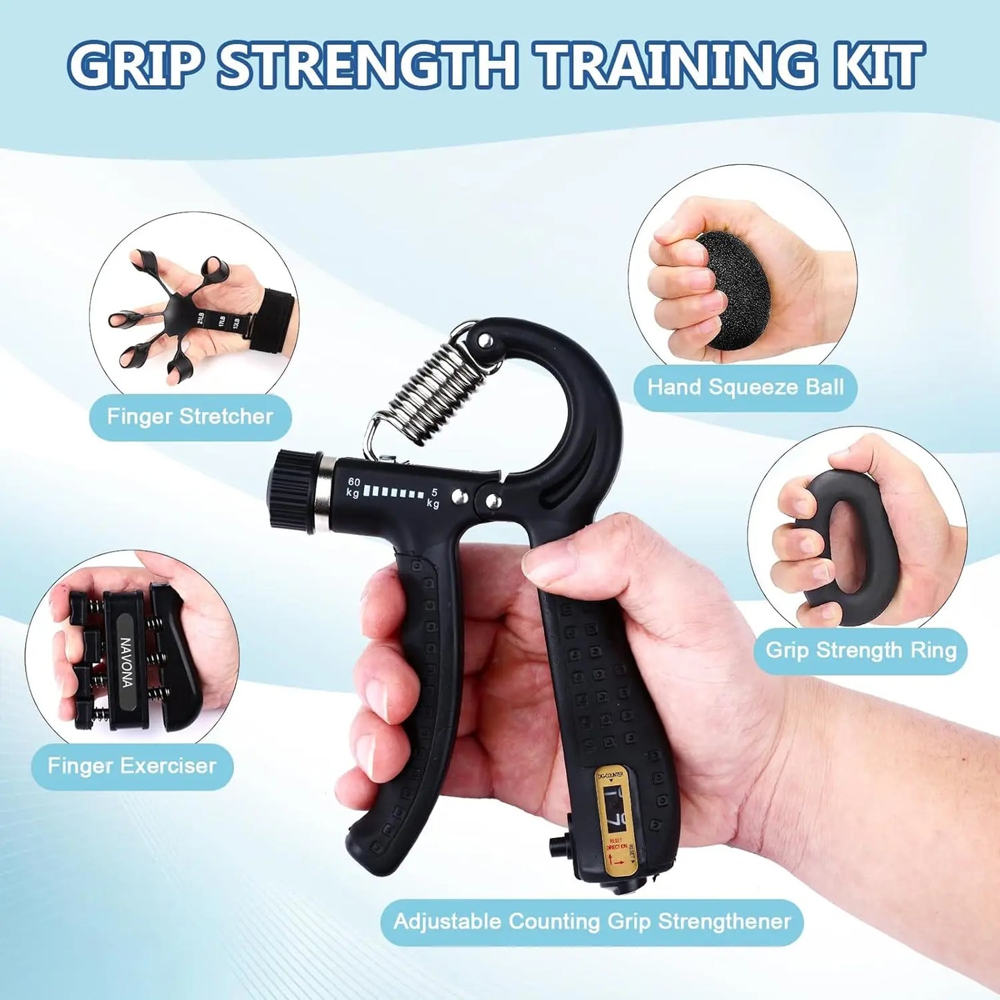 Grip Trainer Kit Hand Grippers Forearm Ring Stress Ball Exercisers
