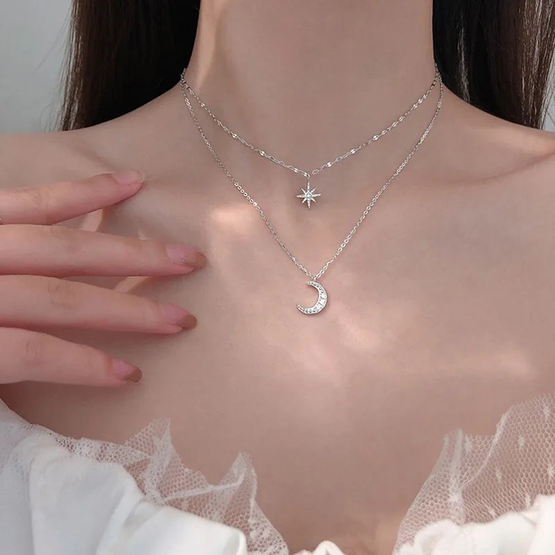 NONECN Double Layer Zircon Star Moon Pendant Necklace