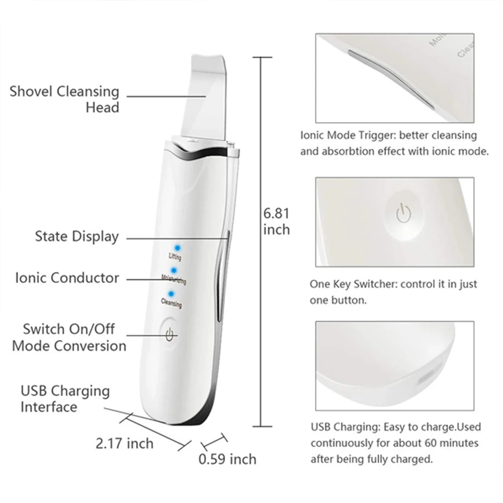 Ultrasonic Skin Scrubber 3 In 1 Facial Cleaner Massager