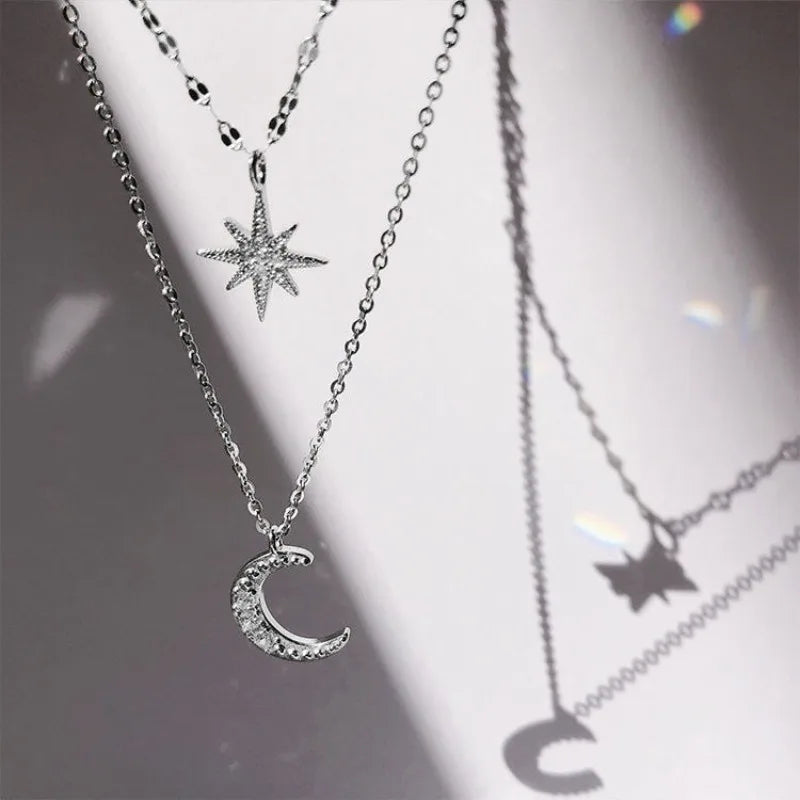 NONECN Double Layer Zircon Star Moon Pendant Necklace
