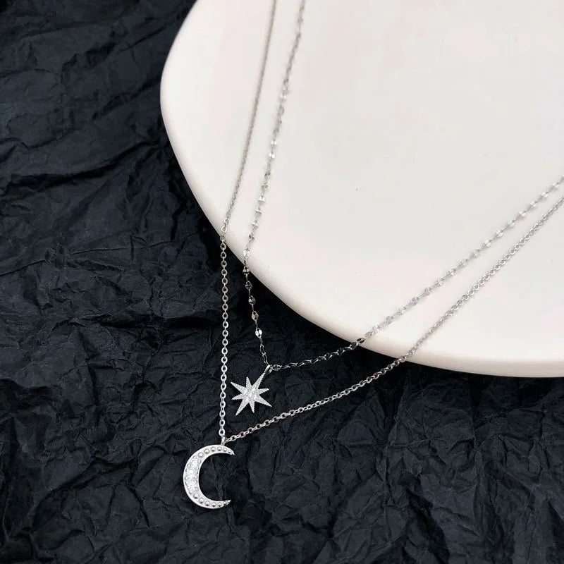 NONECN Double Layer Zircon Star Moon Pendant Necklace