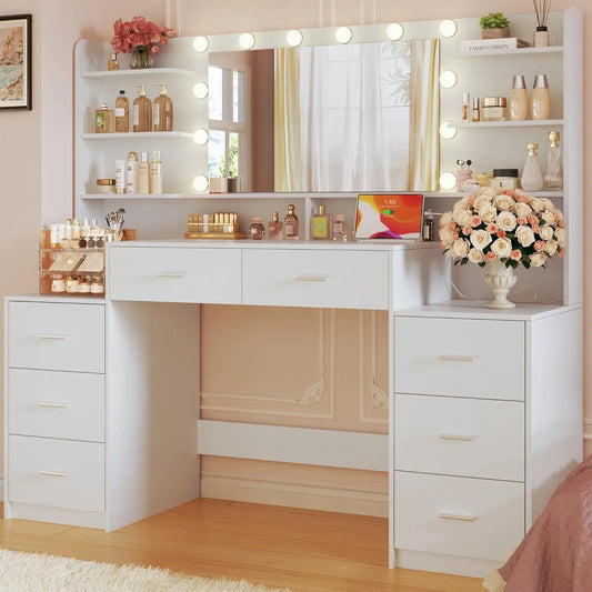 Vanity Desk With Mirror 8 Drawers 6 Shelves For Bedroom