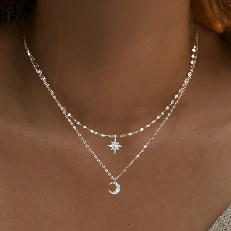 NONECN Double Layer Zircon Star Moon Pendant Necklace