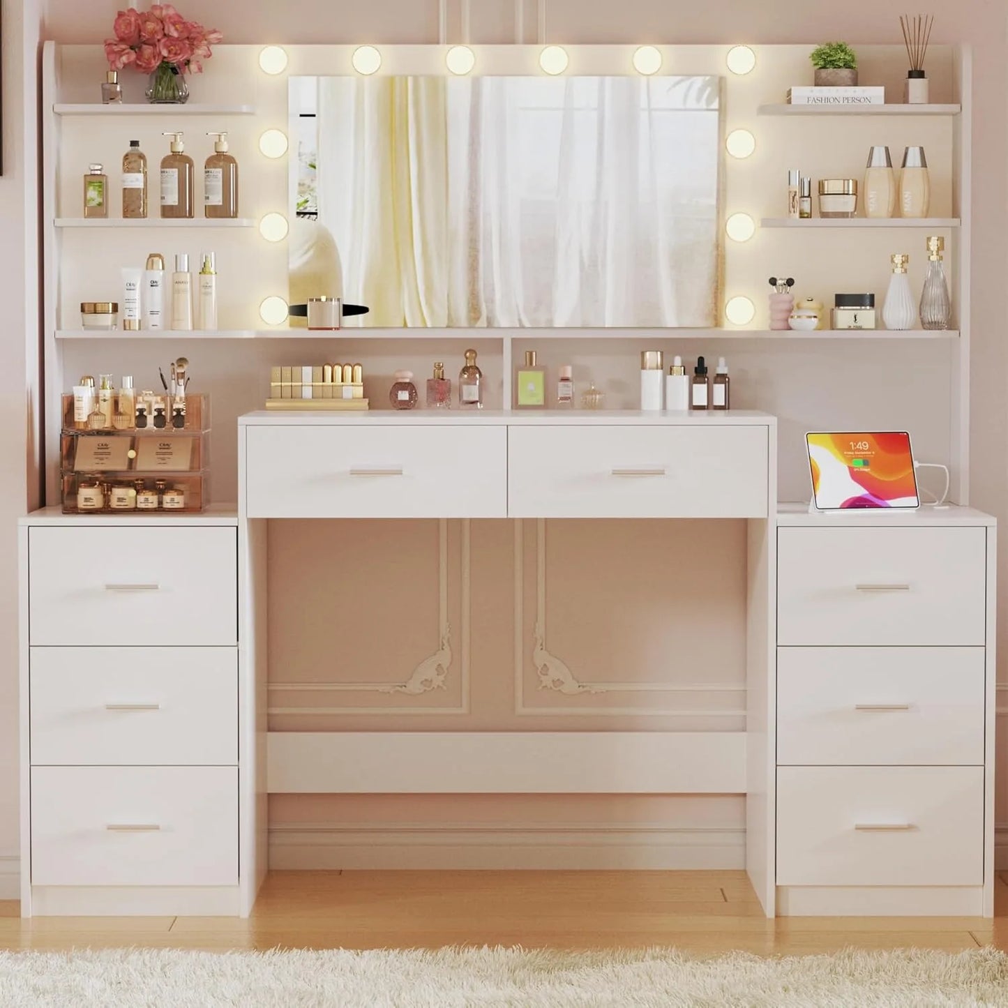 Vanity Desk With Mirror 8 Drawers 6 Shelves For Bedroom