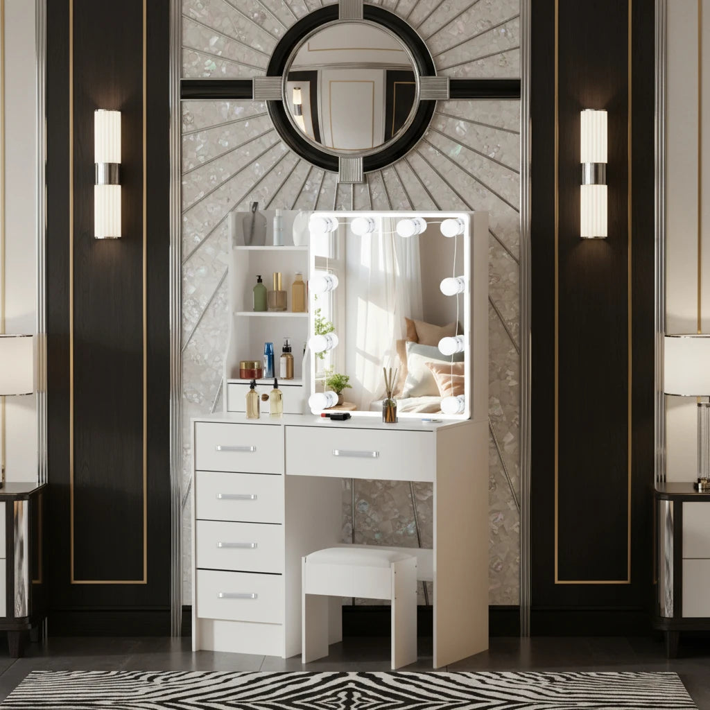 Onesaimei Dressing Table With Led Mirror Drawer Vanity Desk Stool