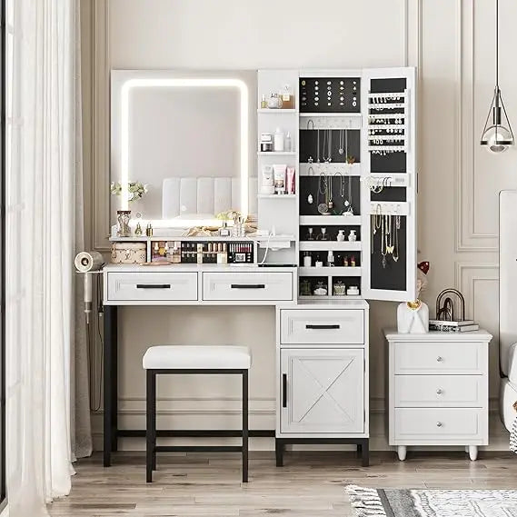 Vanity Desk with LED Mirror. Jewelry Cabinet,3 Drawers & Cabinets,Lots of Storage