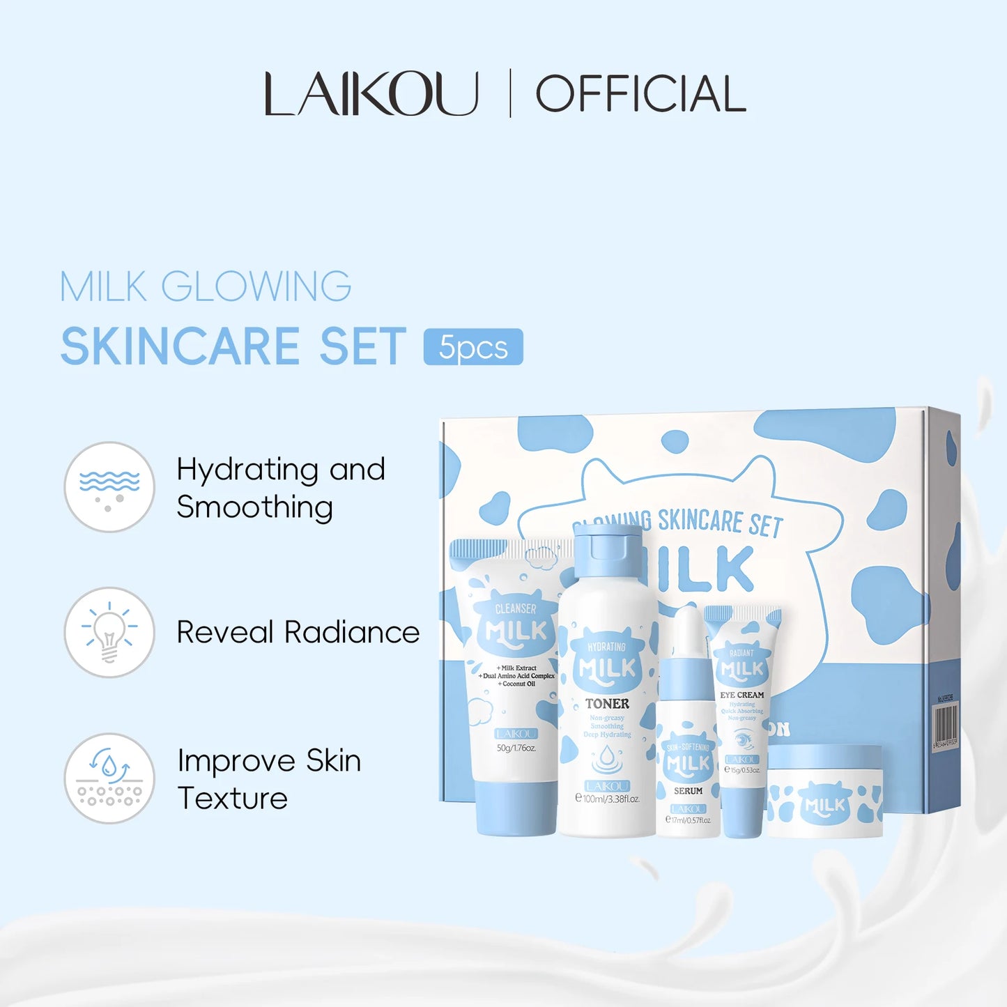 LAIKOU Milk Glowing Skincare Set Hydrating Brightening Anti Aging