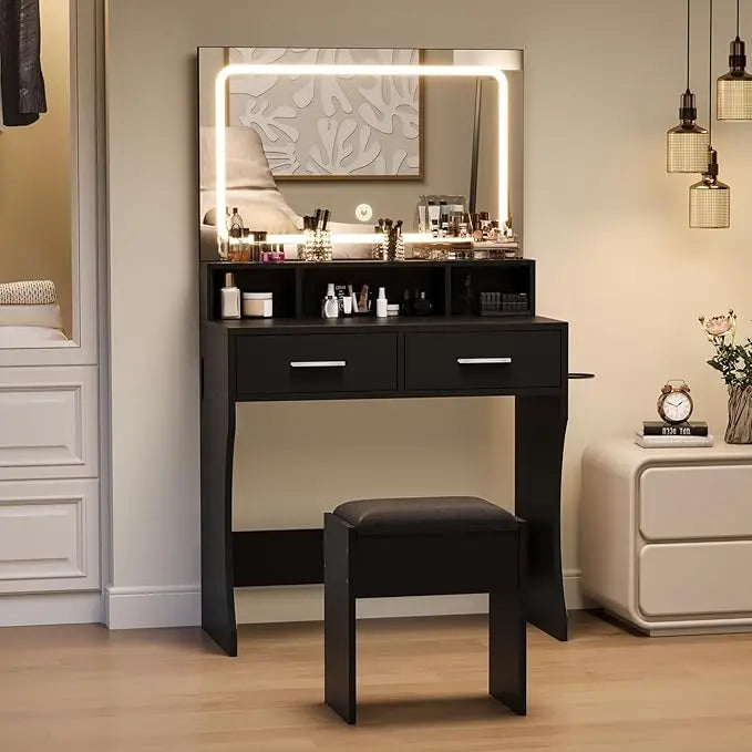 HiMISS Bedroom Vanity Mirror With LED Lights And Power Outlets