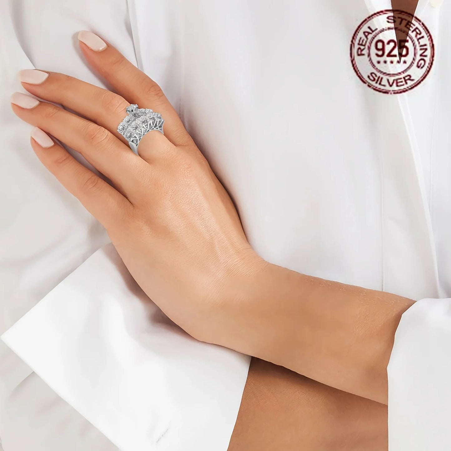 WPOOCC Luxury Zircon 925 Sterling Silver Wedding Banquet Ring
