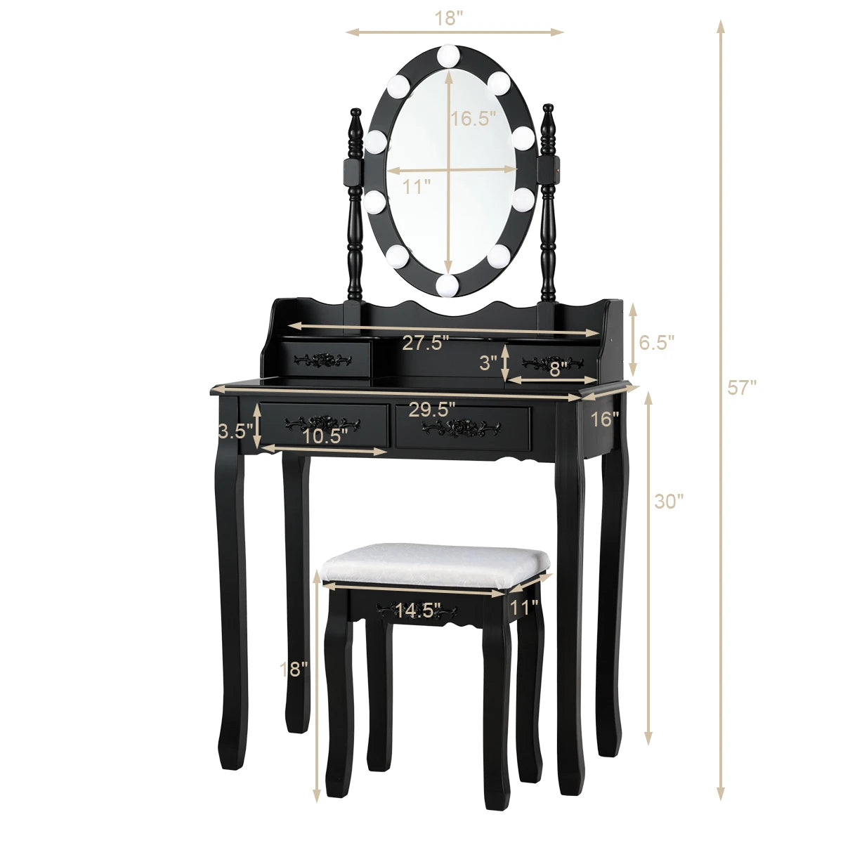HOMASIS 4 Drawer Vanity Table 10 Dimmable Bulbs Touch Switch