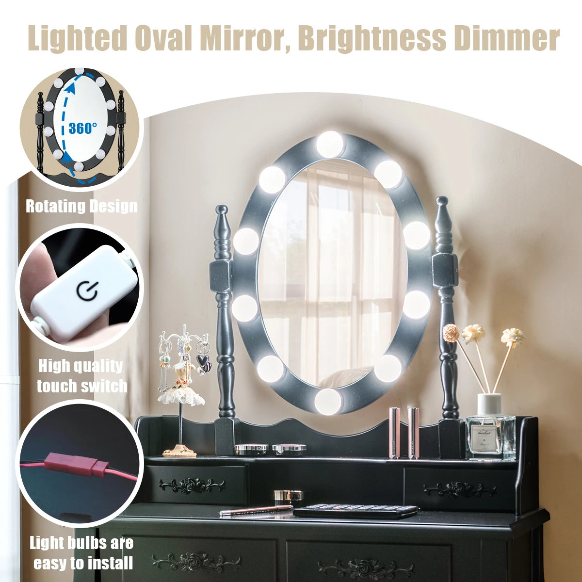 HOMASIS 4 Drawer Vanity Table 10 Dimmable Bulbs Touch Switch