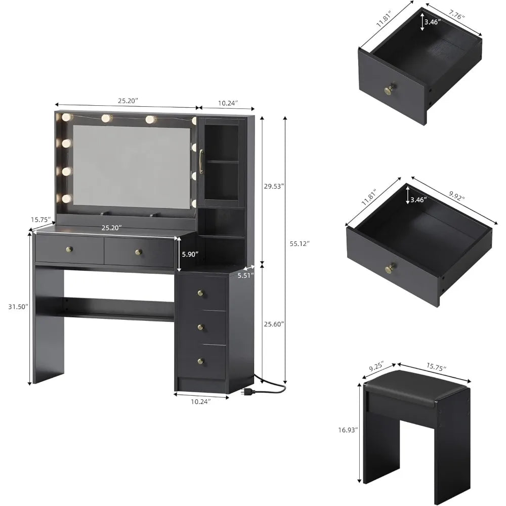 Makeup Vanity With Lights And Charging Station With Drawers