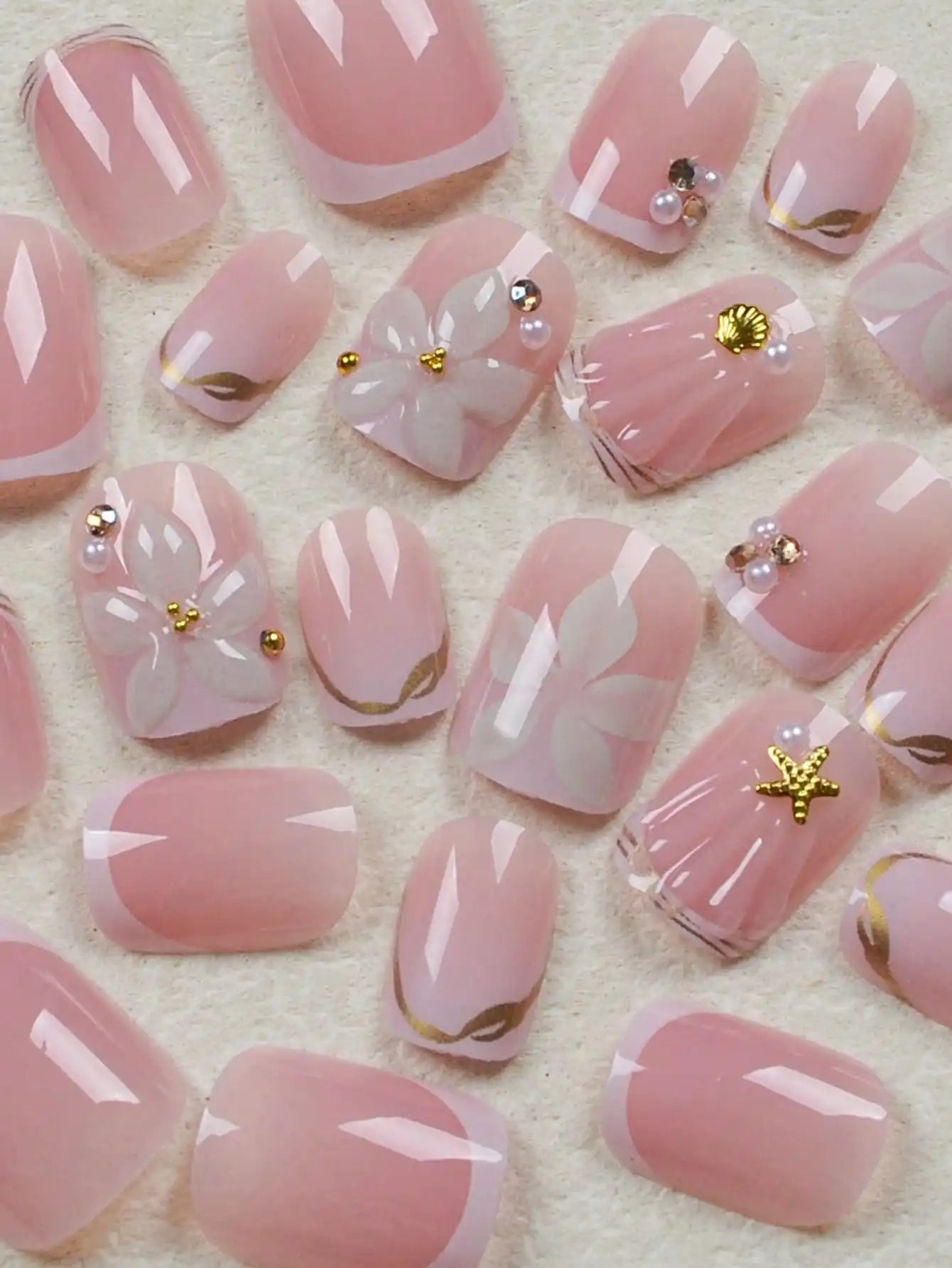 24Pcs Short Square French Flower Acrylic Press On Nails