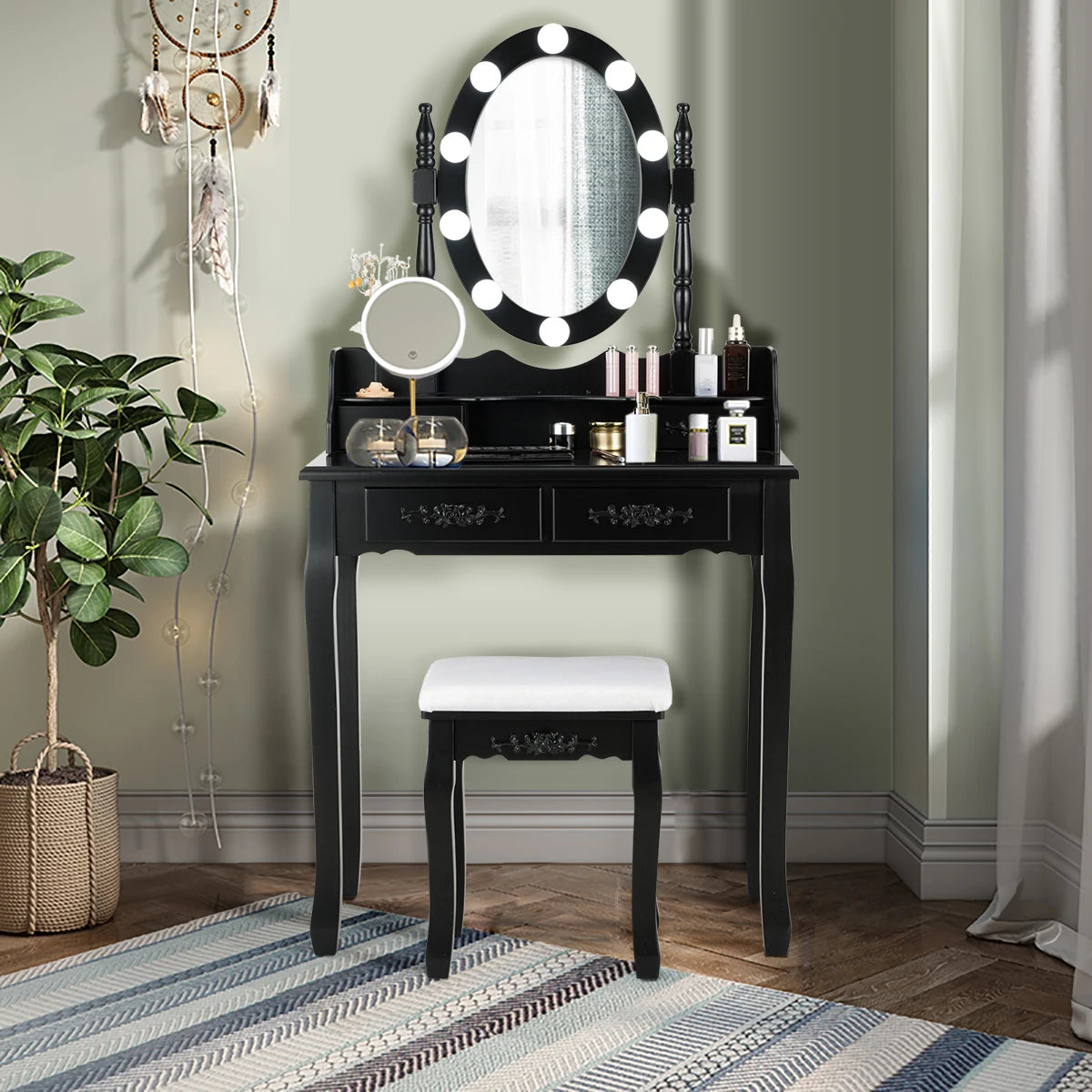 HOMASIS 4 Drawer Vanity Table 10 Dimmable Bulbs Touch Switch
