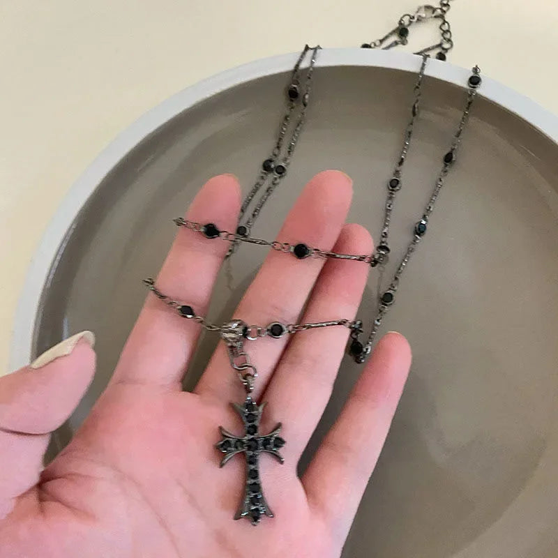 Rhinestone Cross Pendant Choker Necklace For Women Vintage