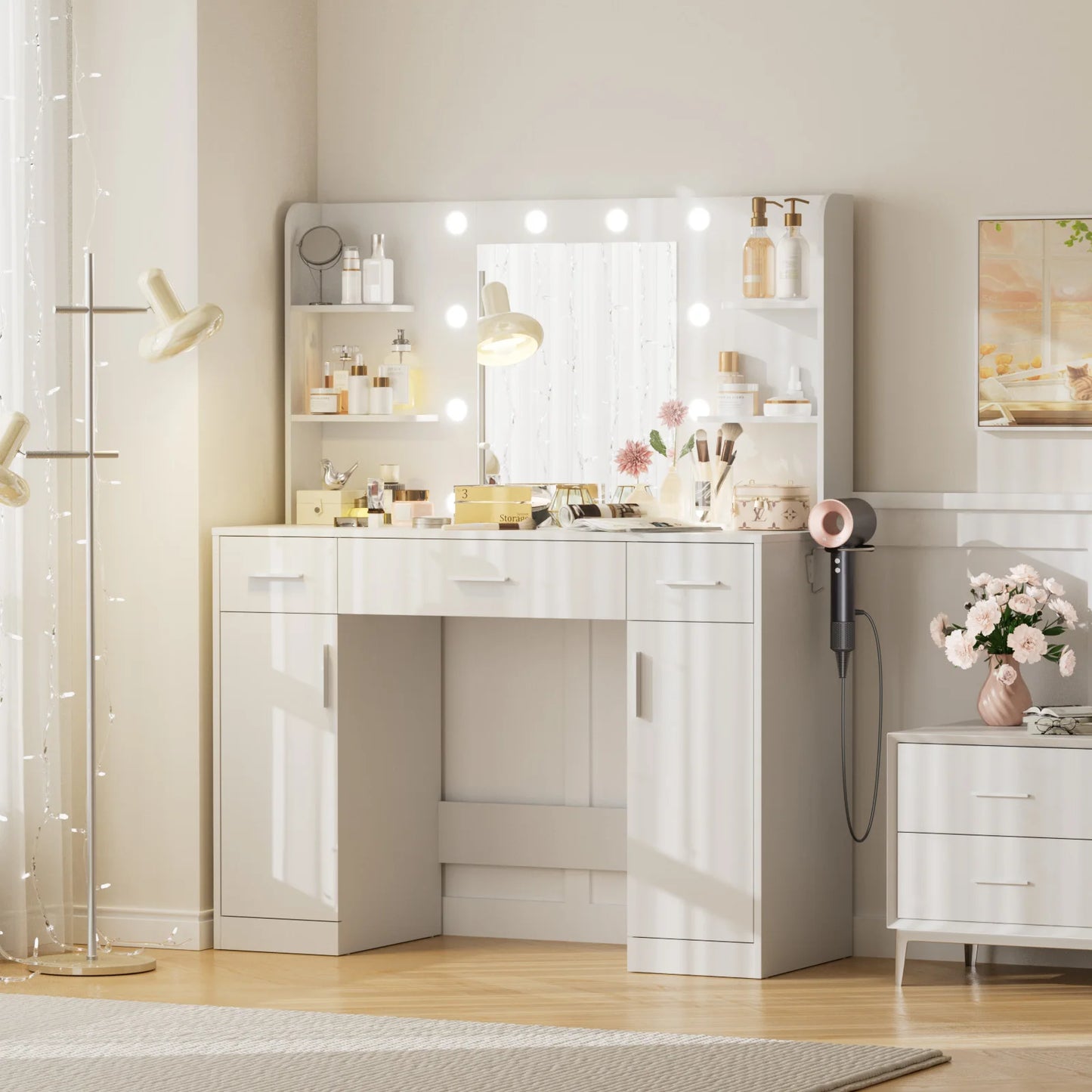 JHK Desser Vanity Desk With Mirror Lights And Storage