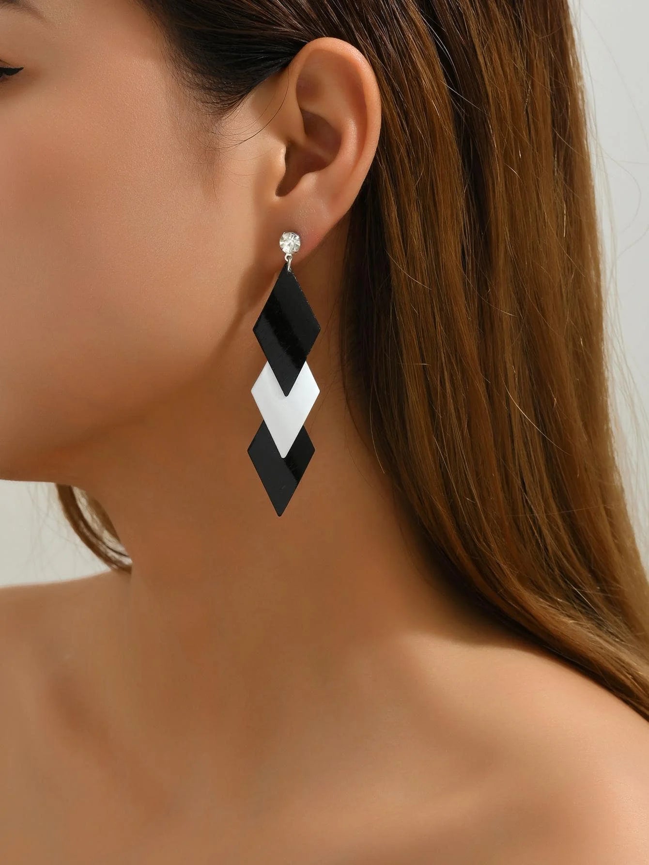 Geometric Diamond Drop Earrings With Crystal Studs And Acrylic Layers