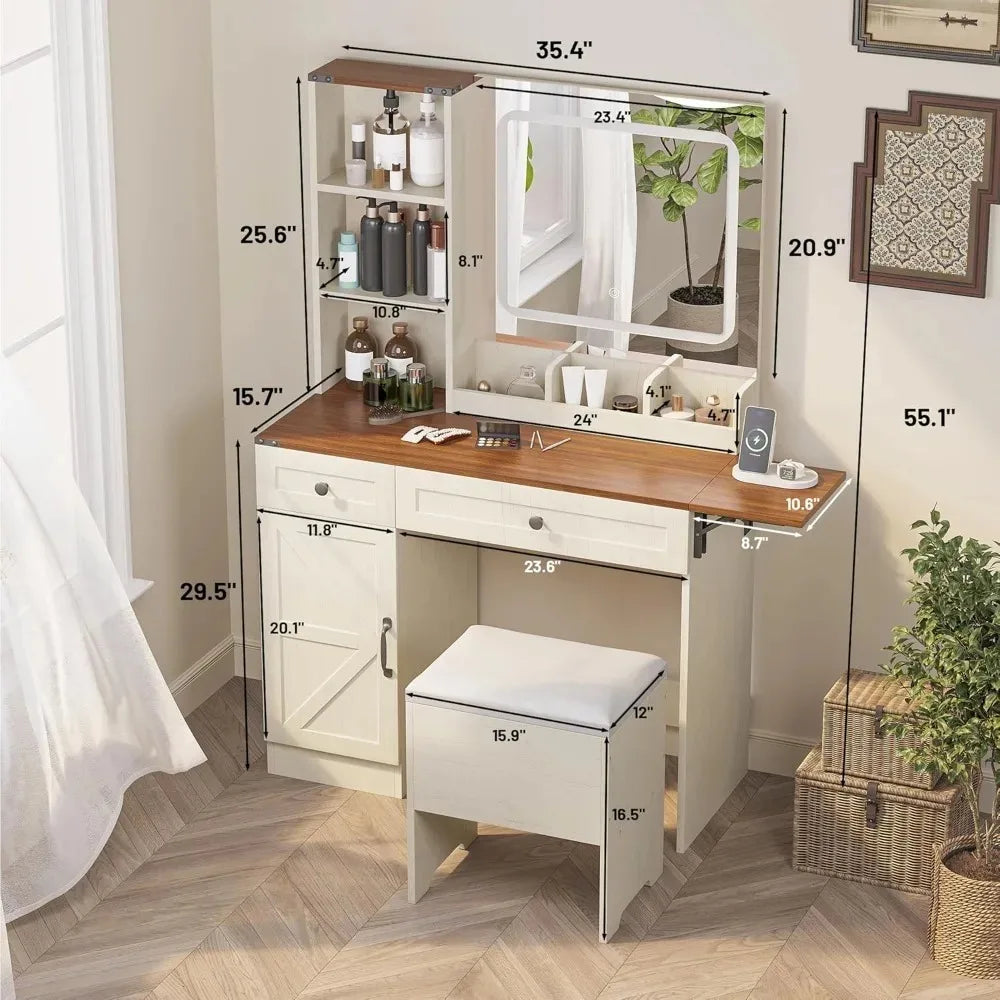 Chengwei Large Farmhouse Makeup Vanity Desk With Mirror And Lights