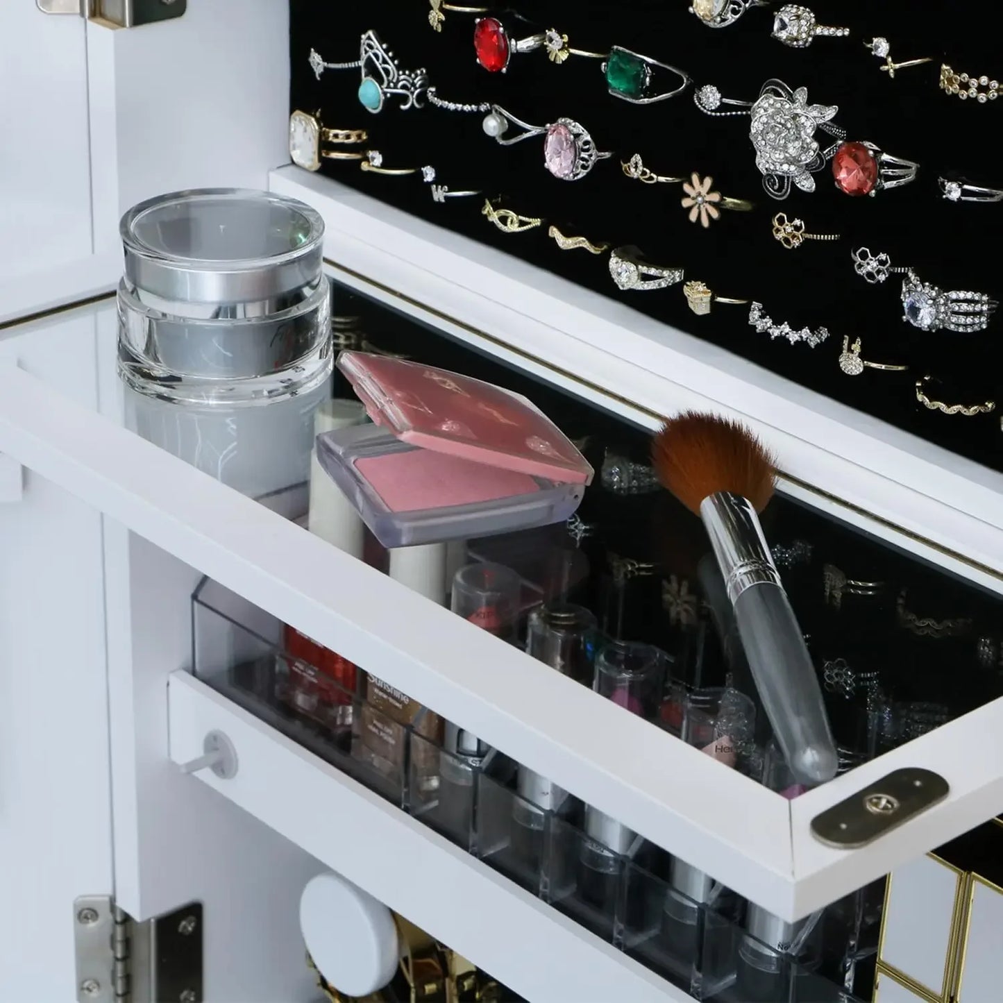 Jewelry Cabinet With Drawers Wheels Mirror Rotatable Vanity