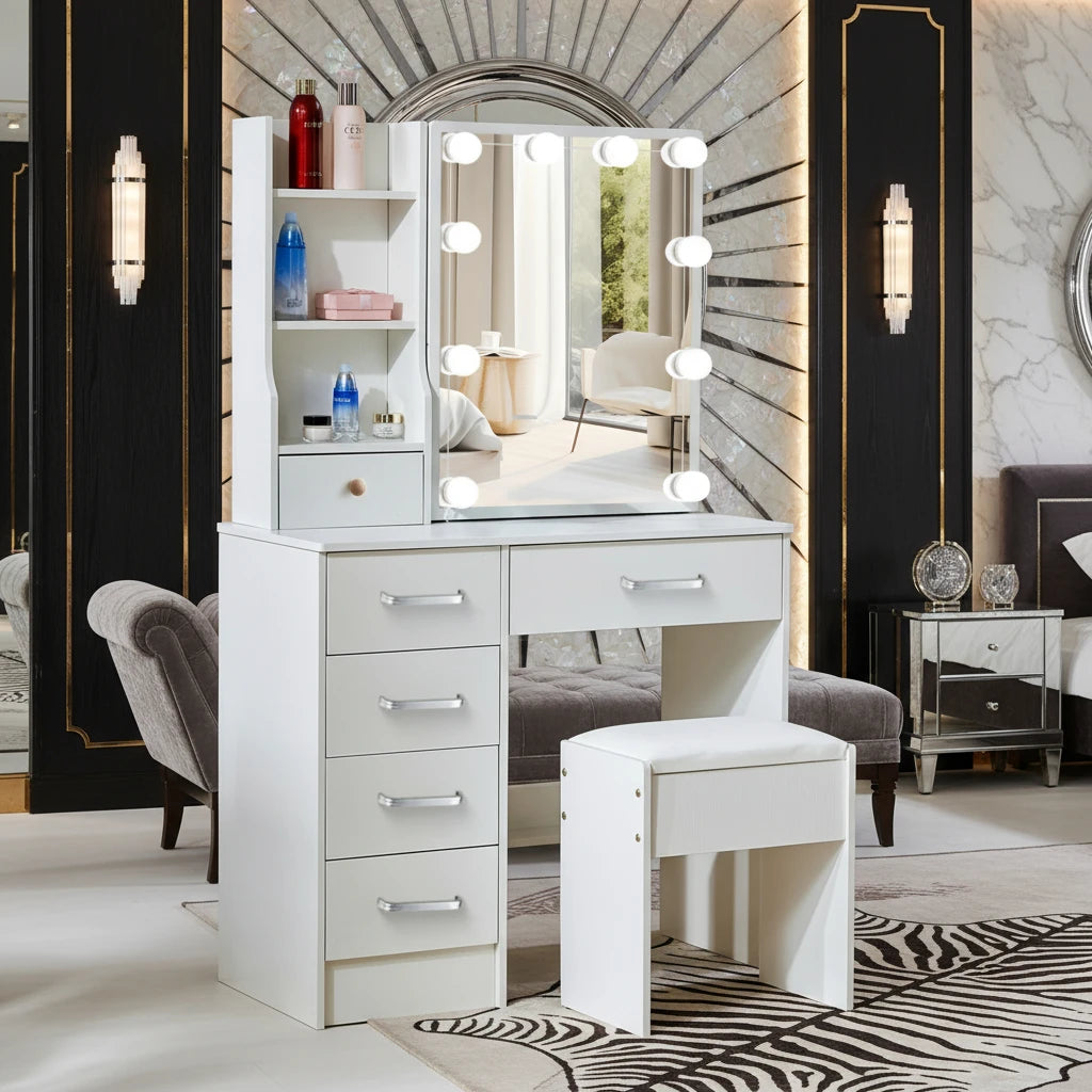 Onesaimei Dressing Table With Led Mirror Drawer Vanity Desk Stool