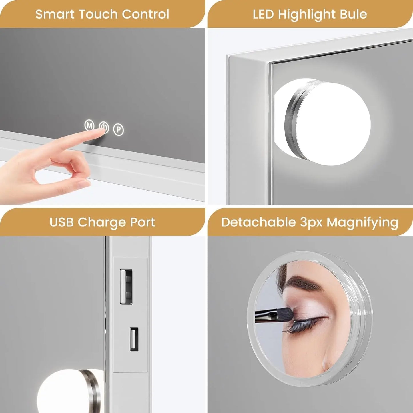 Vanity Mirror With Adjustable LED Lights 3X Magnification Smart Touch