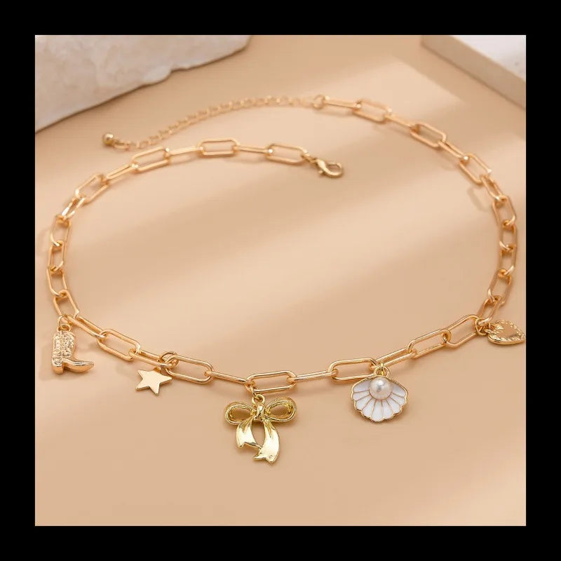 NONECN Fashion Bow Scallop Chain Necklace With Imitation Pearl