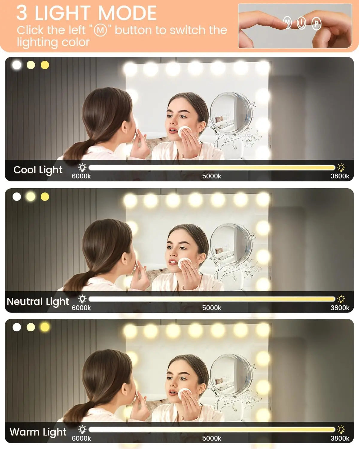Vanity Mirror With Adjustable LED Lights Smart Touch 3X Magnification