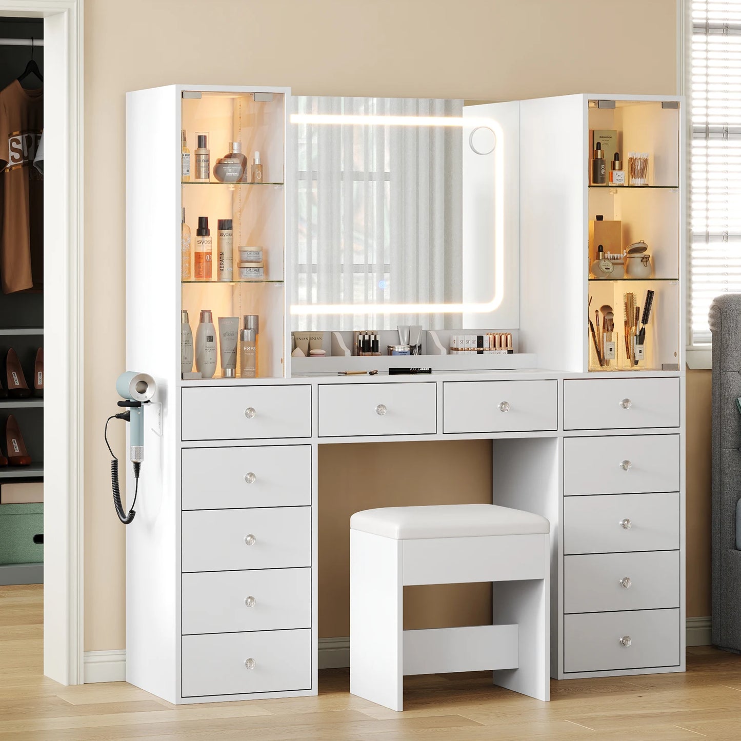 Wooden Bedroom Vanity Desk With Mirror And 12 Drawers