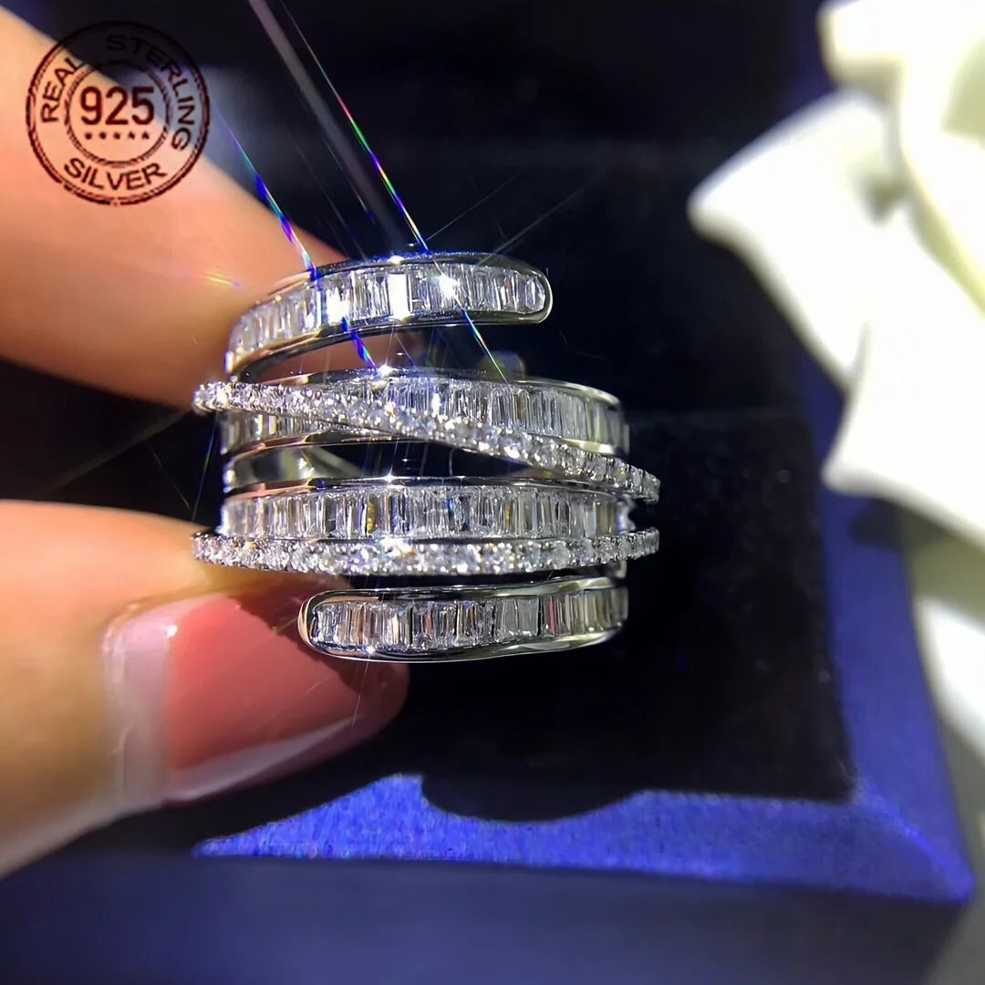 WPOOCC 925 Silver Geometric Twisted Cubic Zirconia Cocktail Ring