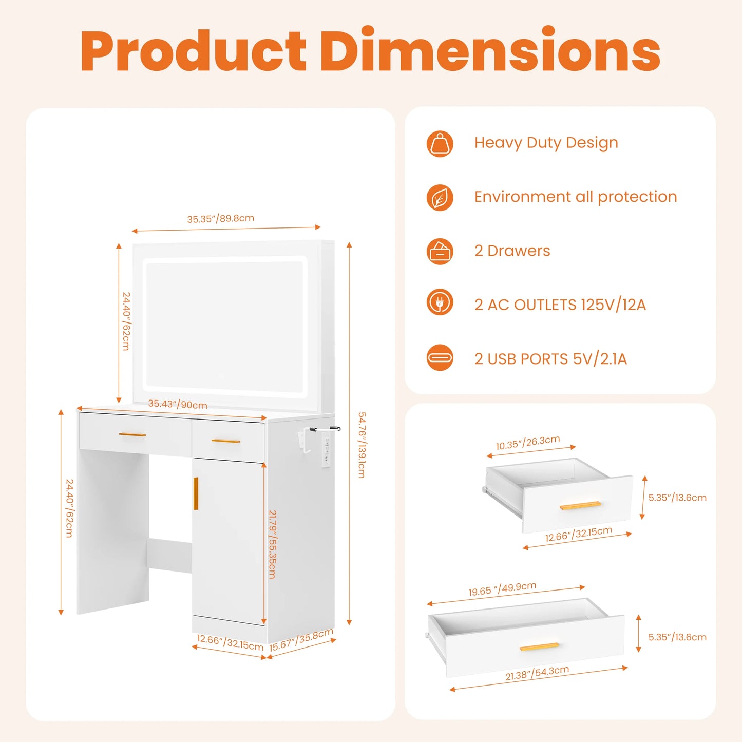 JHK Vanity Desk With Mirror And LED Strip Lighting