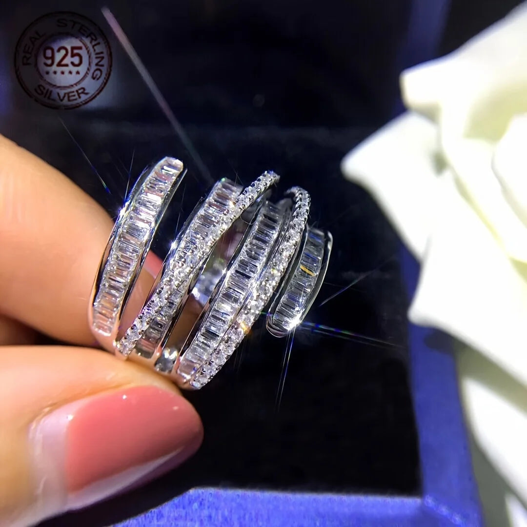 WPOOCC 925 Silver Geometric Twisted Cubic Zirconia Cocktail Ring