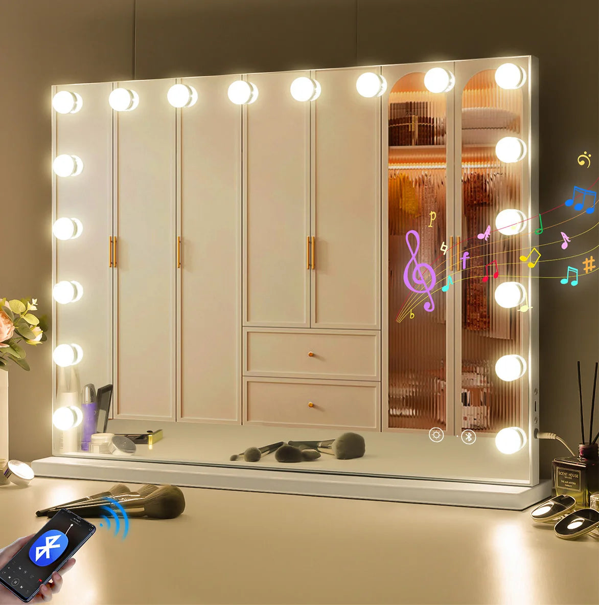 Large Vanity Mirror With Lights And Bluetooth Speakers Dimmable LED Lights With 10 Times Magnification USB Port