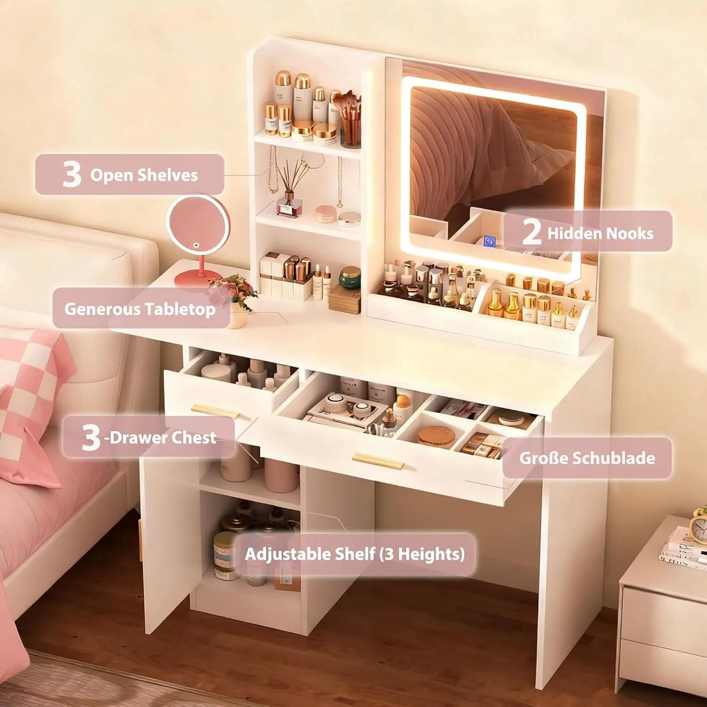 XMSJ Vanity Desk With Mirror And Lights Stool Included