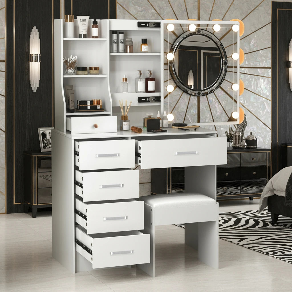 Onesaimei Dressing Table With Led Mirror Drawer Vanity Desk Stool