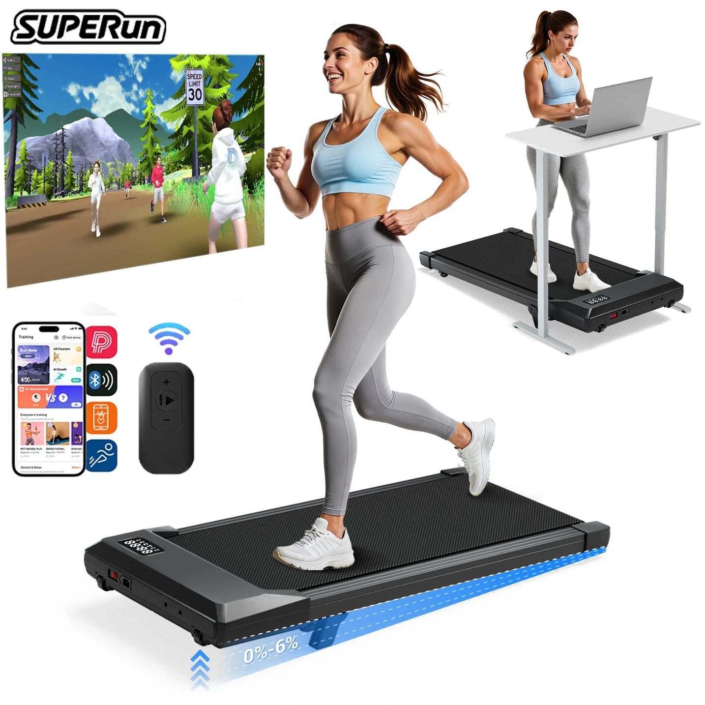 Superun Foldable Under Desk Walking Pad With Six Percent Slope